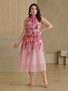 MOTF PREMIUM PLUS SIZE WOMEN'S SPRING/SUMMER FLORAL PRINT PLEATED STAND NECK CINCHED WAIST DRESS - Pink - View 3