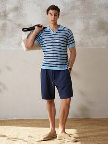 Airaco Pantalones cortos de hombre de verano, de uso diario y casual, de unicolor, con cordón en la cintura, bolsillos en diagonal y costuras delanteras - Azul Marino - Ver 6