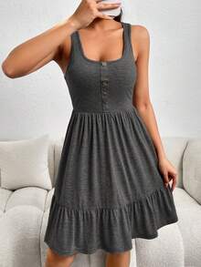 SHEIN Essnce Women's Simple Casual Versatile Button Textured Ruffle Hem Dress Going Out Dark Grey Summer - Dark Grey - View 5