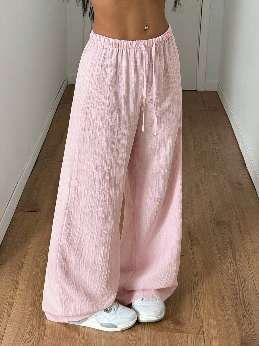 StreetHx Tall Women's Textured Pink Drawstring Waist Wide Leg Casual Long Pants - Pink - View 1