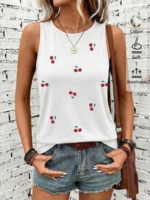SHEIN LUNE Áo ba lỗ nữ thêu quả anh đào, 95% cotton - trắng - Xem 7