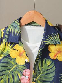 2件組小男孩軟質熱帶印花梭織短袖襯衫與短褲套裝，適合夏季日常休閒度假穿著，兒童短袖短褲套裝 - 藏蓝色 - 查看 5
