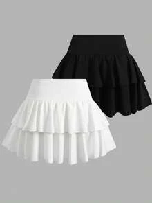 SHEIN Girlism 青少年女孩休閒運動學院風開學季黑色內建內搭褲雙層荷葉邊蛋糕迷你裙，春夏涼爽基本百搭日常運動時尚校服 - 黑與白 - 查看 2