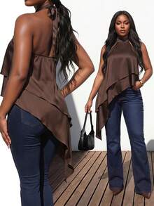 Truni Plus-Size Irregular Hem Satin Wrinkle-Resistant Top For Casual Vacations - Brown - View 3