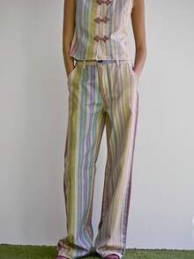Nöista Color-Block Striped Trousers With Relaxed Straight Fit For Vacation And Casual Summer Styling. - Multicolor - View 4