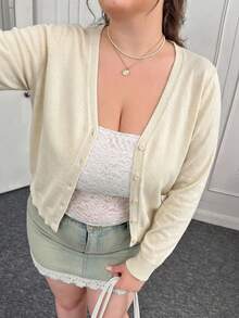 CovetEZ 秋冬性感深V領素色鈕扣大尺碼開襟外套 - 杏色 - 查看 6