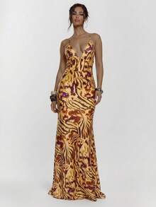 MUSERA Lace Up Front Cup Detail Fitted Animal Print Maxi Dress Sexy Going Out Vacation Autumn Fall Night Out Cute Streetwear Party Elegant Spring Summer - Orange - View 5