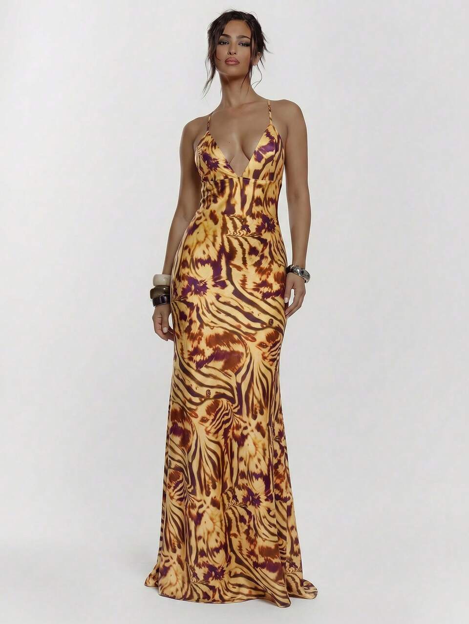 Dopasowana sukienka maxi w zwierzęcy wzór z wiązaniem z przodu i detalem na biuście, seksowna, na wyjście, jesienna, na nocne wyjście, urocza, streetwearowa, imprezowa, elegancka, wiosenna, letnia, na wakacje