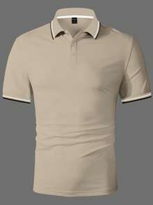 Calvornis 男士條紋短袖休閒通勤 Polo 衫，正式款 - 卡其色 - 查看 3