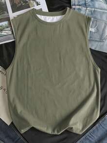 Tween Boy Retro American Tropical Plant Print Tank Top,Grey Summer Casual Vacation Holiday Loose Fit Round Neck Sleeveless Vest For Street Daily Wear - Dark Green - View 2