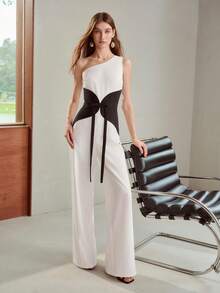 MOTF PREMIUM SPRING/SUMMER ONE-SHOULDER COLORBLOCK PROFESSIONAL COMMUTER FASHION WOMEN'S JUMPSUIT - Black and White - View 1