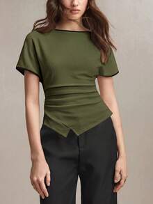 BizChic Short Sleeve Ruched Business Formal Vacation Slouchy Commute Date Daily Office Slimming Elegant Sexy Versatile Summer Autumn Halloween Back To School Party Birthday Wedding Guest Church Special Occasion Outing Beach Gathering Social Holiday Shopping Afternoon Tea Travel Minimalist Top - Army Green - View 7
