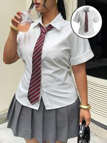 Muchica Plus Size Casual Solid Color Cinched Waist White Shirt For Summer, Back-To-School School Style, Chic Daily Commute, Business, Party, Y2k Burgundy - White - View 2