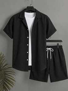Azuldrift Men's Solid Color Shirt And Shorts Black Summer Casual Tropical Beach Vacation Set Matching Swimwear For Couples Hawaii Outfits Pool Suit - Black - View 2