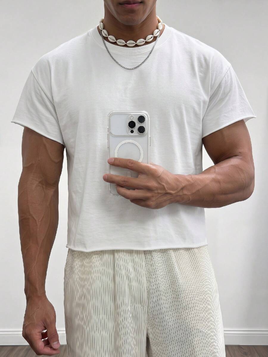 ESTAVOR Men's Casual Versatile Solid Color Short Sleeve T-Shirt - White - View 1