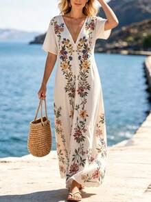 SHEIN Holidaya 時尚高端V領印花短袖性感女裝洋裝，女款春夏洋裝，度假、外出、Y2K、春季、夏季、返校季、休閒、沙灘、商務、百搭，杏色女裝洋裝 - 米色 - 查看 8