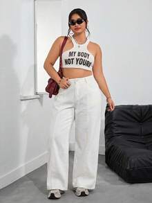 SHEIN PETITE CURVE Plus Size Women's Pocket Wide Leg Loose Casual Versatile Denim Jeans - White - View 3