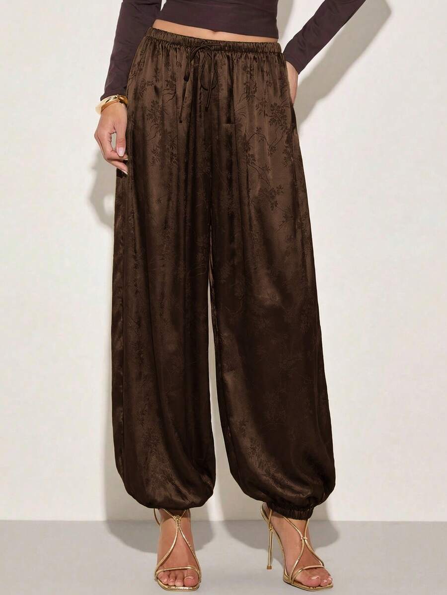 COSMINA 女款提花布腰綁帶寬鬆燈籠褲,優雅波希米亞風長褲,棕色秋季度假款 - 棕色 - 查看 1
