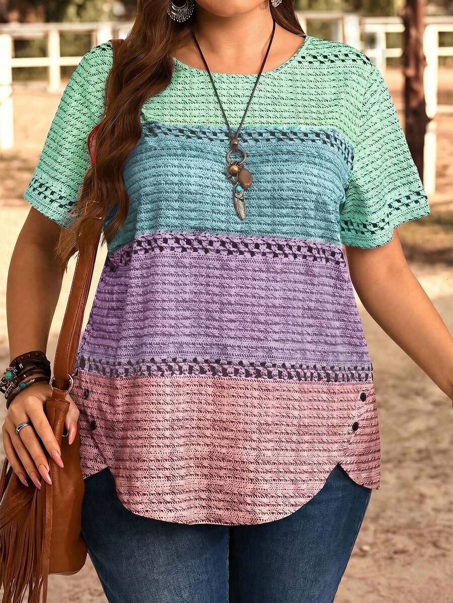 EMERY ROSE Plus Size Women Round Neck Color Block Casual Everyday Short Sleeve T-Shirt - Multicolor - View 1