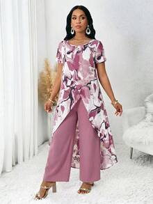 SHEIN Lady Women's Elegant Design 2pcs Set Round Neck Short Sleeve Allover Print Split Top And Comfortable Wide-Leg Pants - Multicolor - View 4