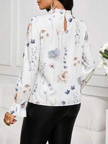 SHEIN Lady Women's Elegant Versatile Floral Print Ruffle Sleeve Stand Collar Blouse Going Out Tops For Women Going Out Tops Going Out Fall For Women - Multicolor - View 2