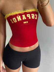 Aloruh Women's Sports Colorblock Bandeau Top Ruffle Print Knit Streetwear Y2k 2000s Disco Red And Yellow Back-To-School Night Out Copa Beach Summer - Green - View 5