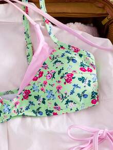 Swim Mod Spring/Summer New Pink & Green Colorblock Floral Lace-Up Bikini Set, Side Tie Bikini, Casual Beach Vacation Two Pieces Swimwear - Multicolor - View 4