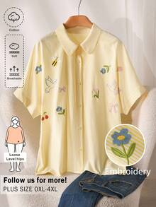 CosyJoli Plus Size Women's Casual Yellow Striped Embroidered Floral Shirt, Versatile For Daily, Spring/Summer, Commute And Vacation Going Out Yellow Blouse - Yellow - View 1