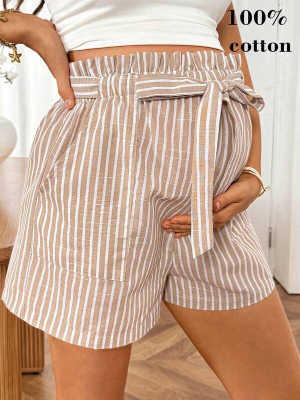 SHEIN Quần short bầu mùa hè mặc thường ngày phong cách casual, cạp chun paperbag, họa tiết kẻ sọc