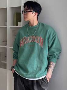DAZY Autumn/Winter Thickened Letter Print Military Green Crew Neck Men's Pullover Sweatshirt - Green - View 8
