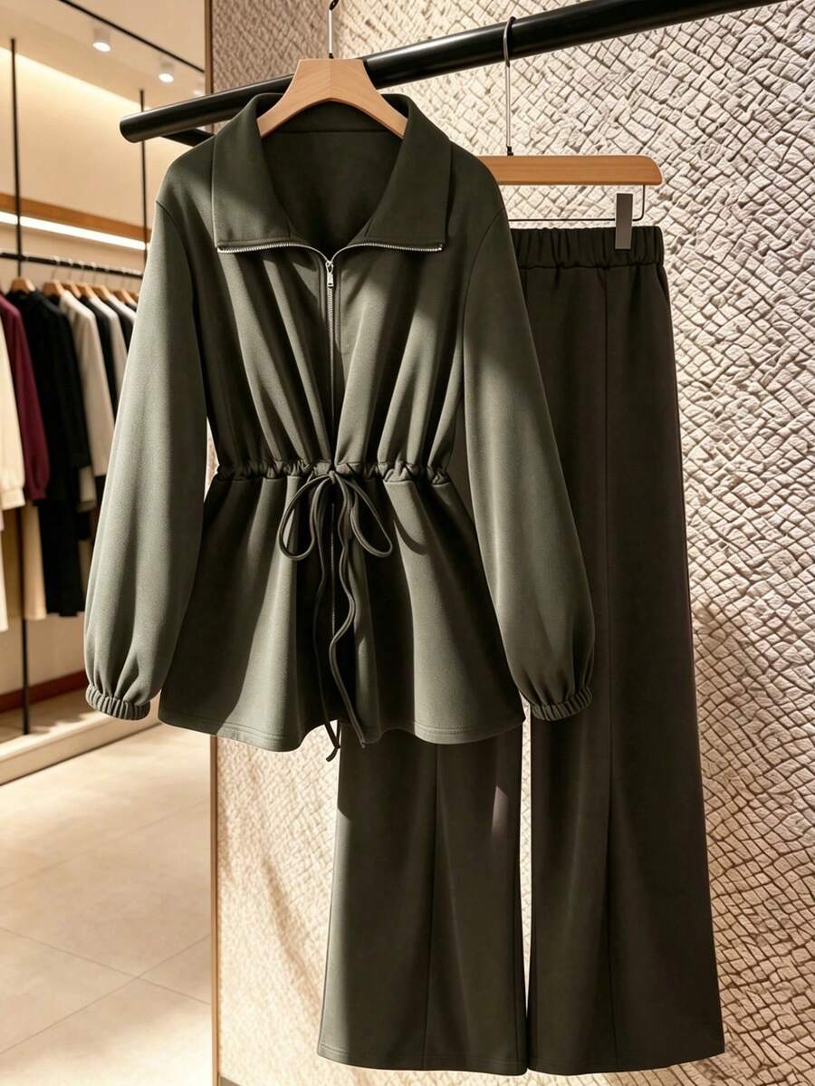 GlowEve Conjunto de dos piezas con cuello alto y cintura ceñida con cremallera para mujer - Verde militar - Ver 1