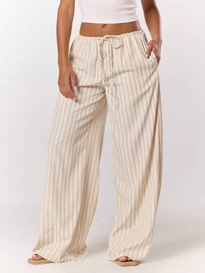 MUSERA Calça Listrada com Cordão de Ajuste Perna Larga Fofa Verão Férias Casual Elegante Estilo Praia Linho Traje Coletivo Escritório Para Mulheres, Roupa de Escritório Mulheres Calça Inverno Primavera Páscoa