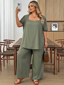 SHEIN CURVE+ 大尺碼女款純色短泡泡袖上衣與長褲休閒兩件套 - 綠色 - 查看 7