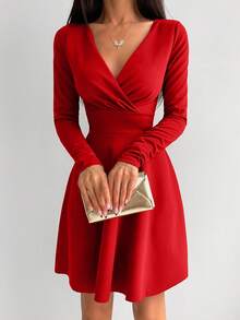 EURMUSE Surplice Neck Solid Dress - Red - View 5