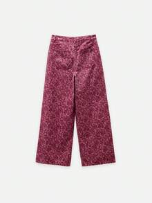 Nöista Printed Denim Wide-Leg Pants. For Everyday Look, Day-To-Night, Summer, Night Out Day Time Going Out, Back-To-School Floral Pink Vintage Streetstyle - Burgundy - View 9