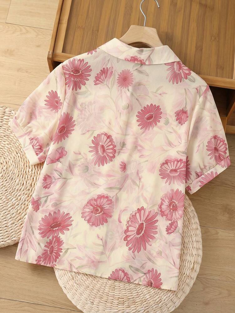 Plus Size Women's Floral Print Short Sleeve Single-Breasted Vacation Shirt