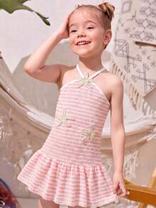SHEIN Elladie kids 女童 YK2 夏季韓風新款甜美細肩帶露背彩虹條紋可愛度假洋裝 - 粉色 - 查看 3