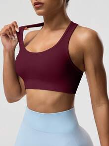 Seamluxe SHEIN Sport Women's Solid Color Sleeveless Cropped Athletic Fitted Yoga Racerback Tank Top - Burgundy - View 5