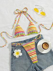 Swim SXY Dopamine Retro Style Sexy Tropical Rainbow Striped Print Halter Neck Triangle Cup Back Tie Top Spaghetti Strap Triangle Bottoms Summer Beach Vacation - Multicolor - View 4