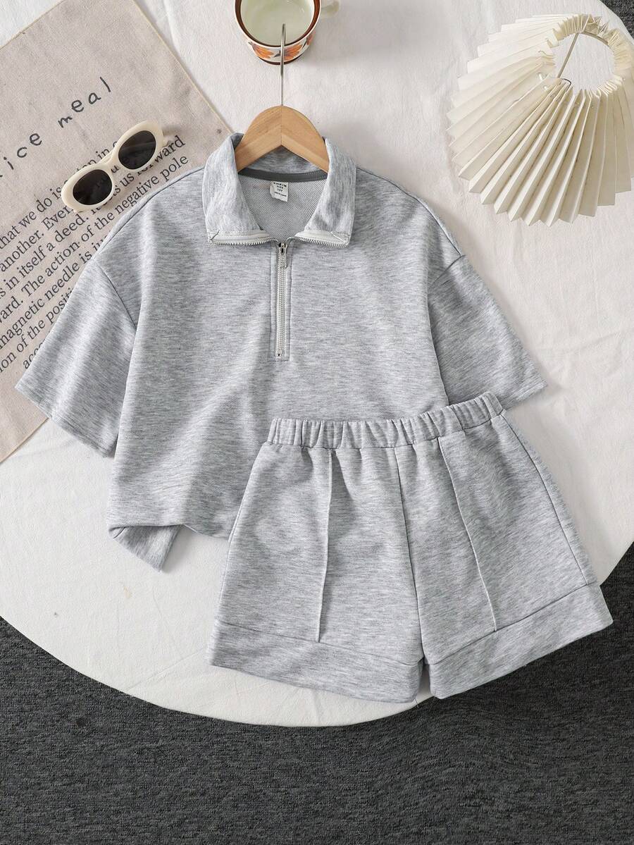 SHEIN Serisse Kids LMoss 青少年女孩針織素色寬鬆短袖上衣與短褲休閒套裝 - 灰色 - 查看 1