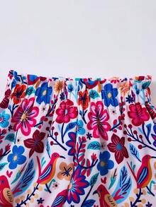 SHEIN Baby Girl Knitted Solid Color Top And Flower Pattern Shorts Set For Summer Vacation - Hot Pink - View 2