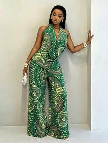 BamGleam Summer Sexy All-Over Print Halter Neck Backless Top And Long Pants 2pcs Set - Green - View 8