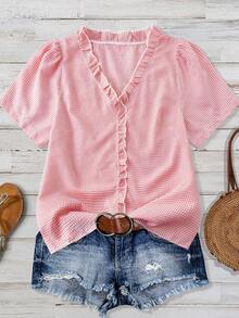 Linhara 女款大尺碼純色紋理面料V領短袖休閒合身襯衫 外出上衣 度假夜店風 - 紅白色 - 查看 4
