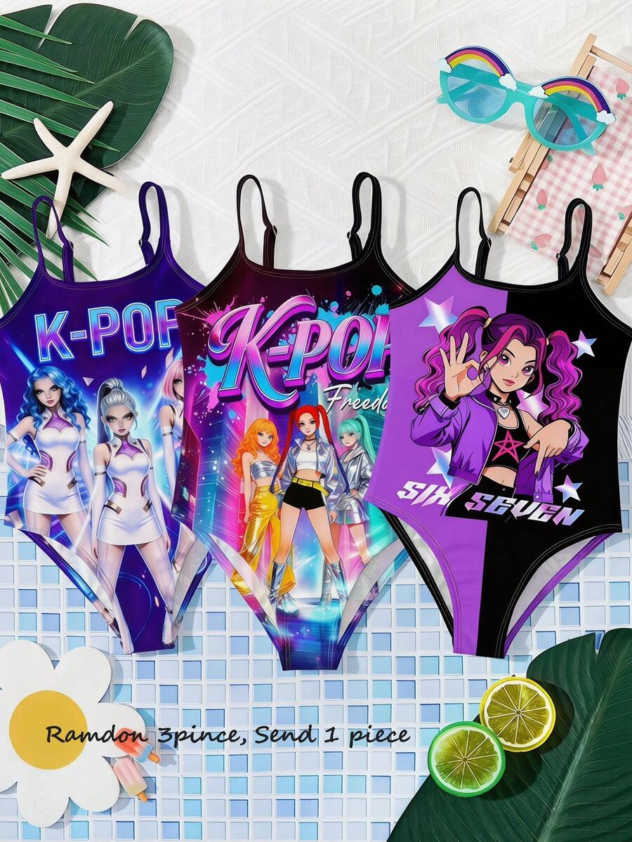 少女卡通女孩肖像圖案印花連身泳衣，彩色紫與黑色，K-Pop 超級巨星，休閒簡約，適合夏季、度假、派對、聚會、日常穿著 - 彩色 - 查看 1