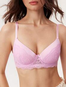 Elorette 1pc Lace Patchwork Sexy Supportive Romantic Wireless Everyday Lingerie Bra For Small Bust Women - Pink - View 3