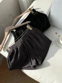 Comfortcana 2件套女士纯色系带休闲短裤套装，日常穿着，黑色和棕色 - 彩色 - 查看 4