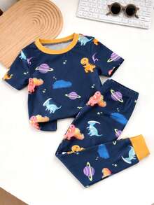 1 Set Boys Dinosaur And Planet Print Fitted Crew Neck Short Sleeve Pajama Set, Including Top And Pants, Spring/Autumn Style - Navy Blue - View 5