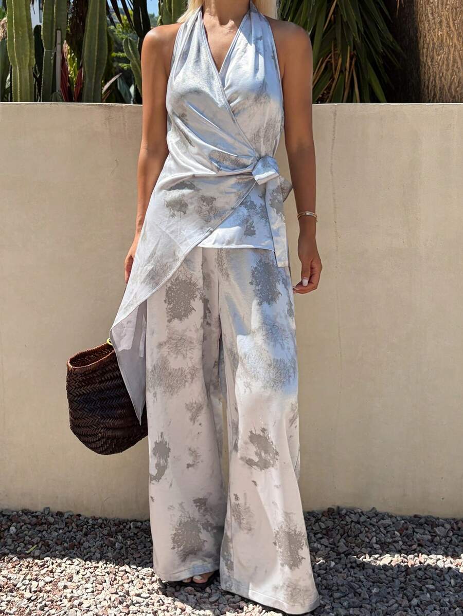 DAZY Tie-Dye Halter Neck Backless Lace-Up Tank Top And Long Pants Elegant Vacation Summer Set Women's Two Pieces - Grey - View 1
