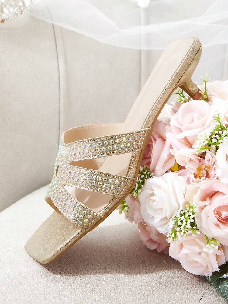 CUCCOO HITCHD Beige Rhinestone Cross Head Kitten Heel Women's High Heel Sandals