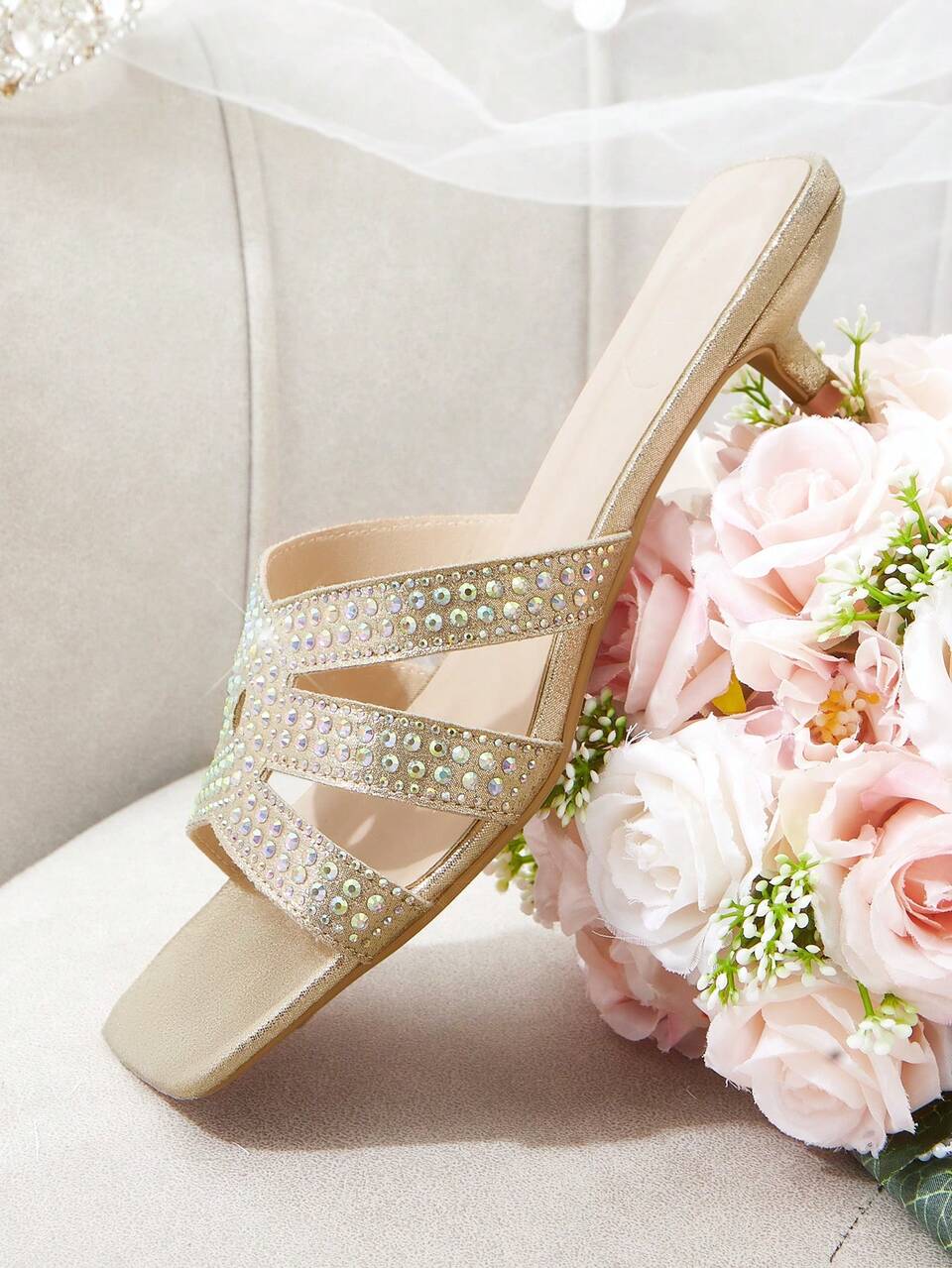 CUCCOO HITCHD Women's Shoes Gold Rhinestone Square Toe Kitten Heel Wear High Heel Sandals